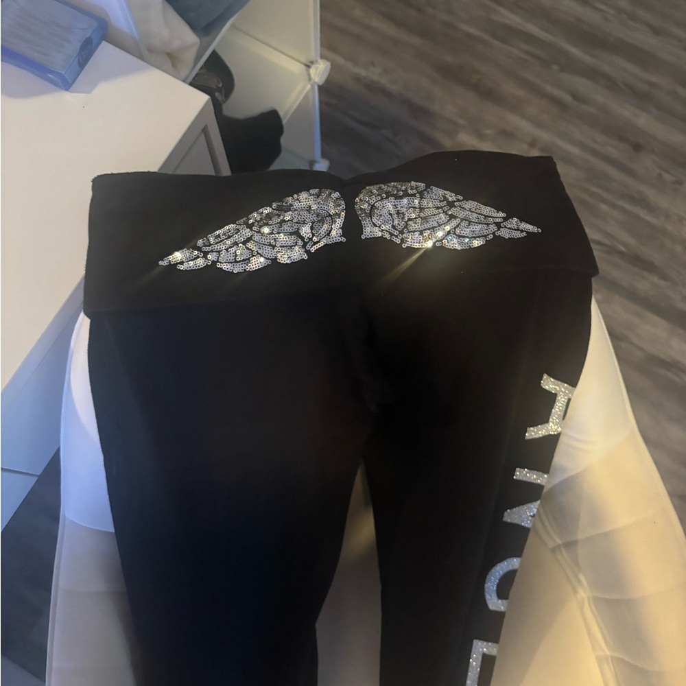 Victoria's Secret Black Leggings with Silver Rhinestone Wing Detail